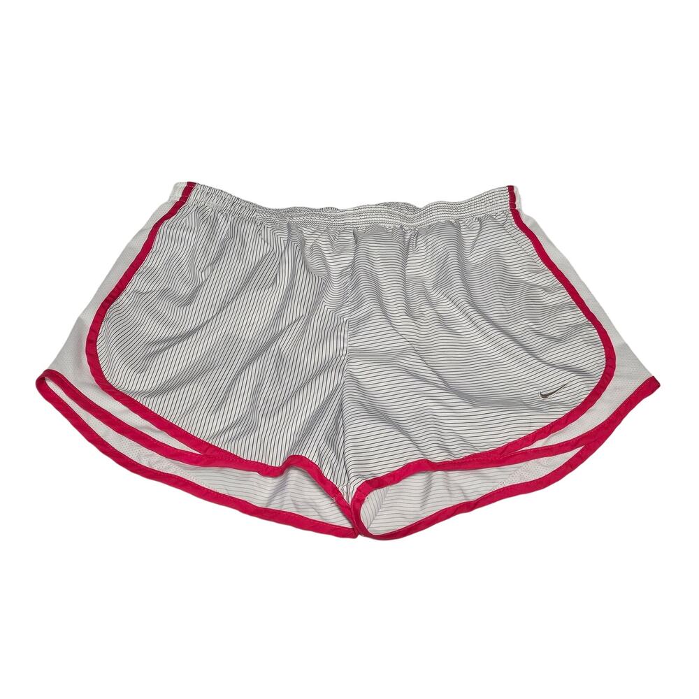 NIKE WOMEN’S DRI-FIT TEMPO RUNNING SHORTS WHITE/BLACK STRIPE W/ PINK TRIM SIZE L